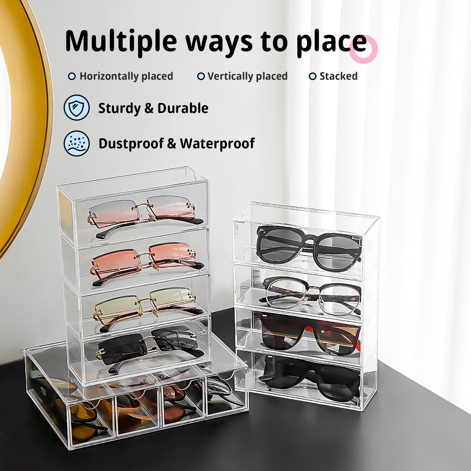 Organizzatore di Occhiali da Sole Eyeglasses Organiser Display Case Portaocchiali in Acrilico Trasparente Case 2 Pezzo con 8 Cassetti per Orologi, Collane, Occhiali e Cosmetici