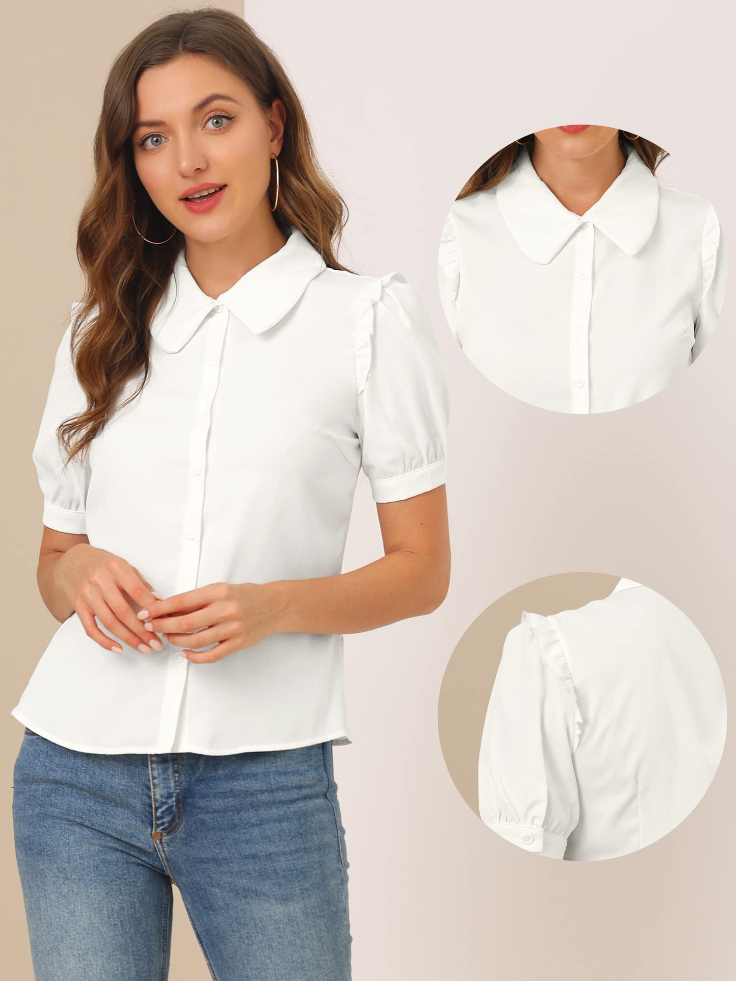 Allegra K Haut à col claudine à manches courtes et boutons sur le devant pour femme, blanc, Taille XS