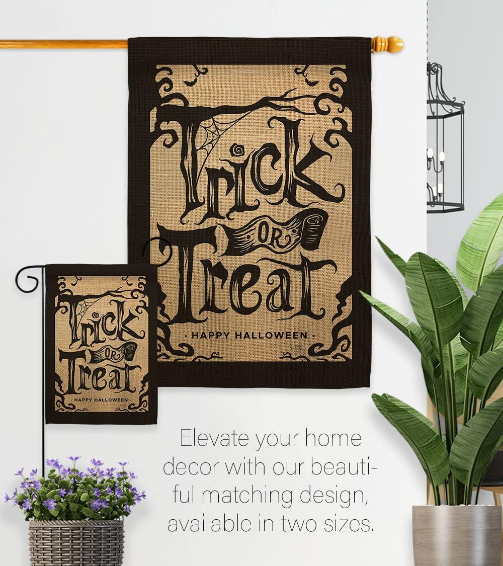 Halloween Trick Garden House Flag - Set Fall Witch or Treat Spooky Night Black Cat Season Autumntime Pumpkin - Decoration Banner Small Yard Gift Double-Sided Made in USA 28 X 40