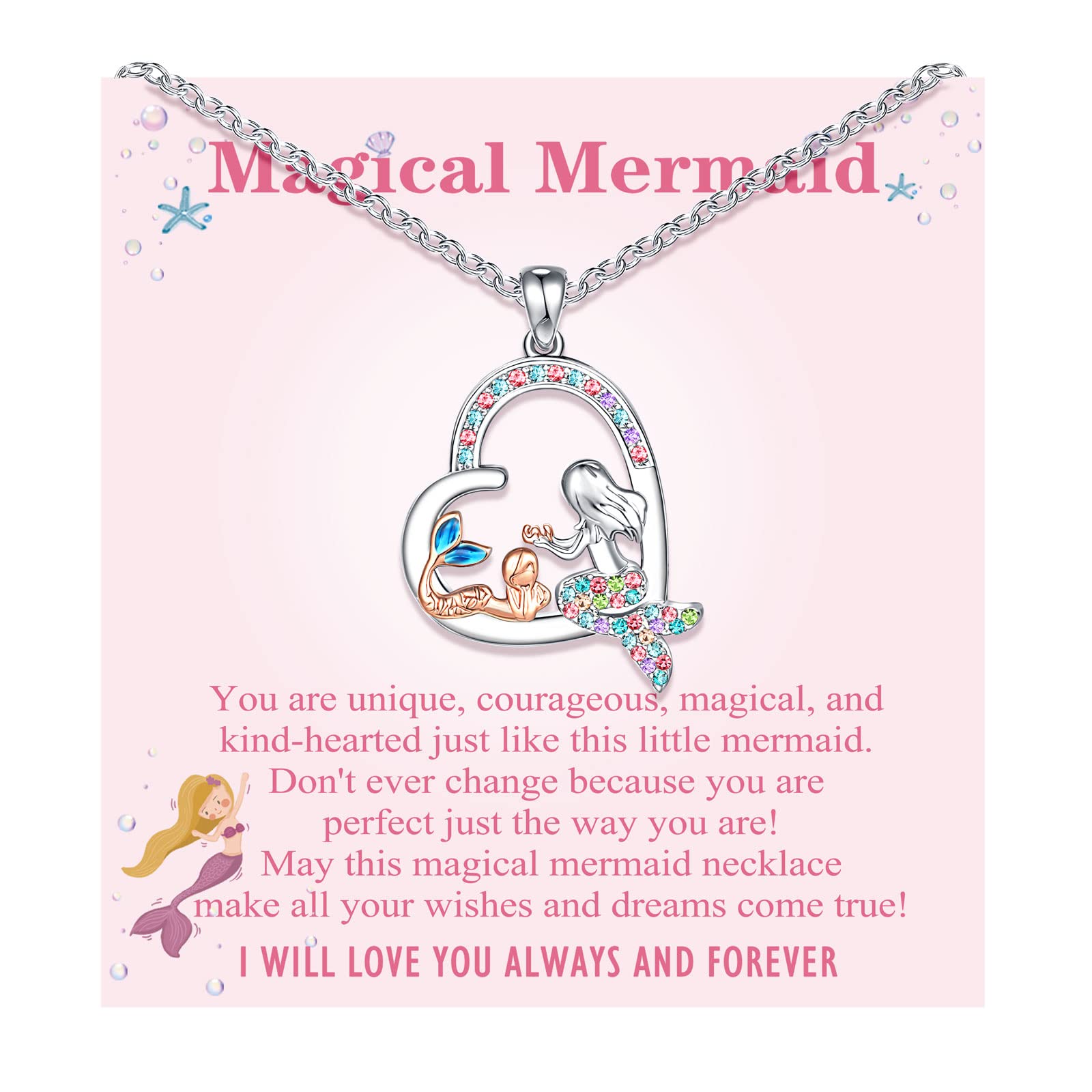 UPROMI Magical Mermaid Necklace for Girls CZ Crystal Heart Pendant Necklaces Little Mermaid Jewelry Valentine's Day Birthday Back to School Christmas