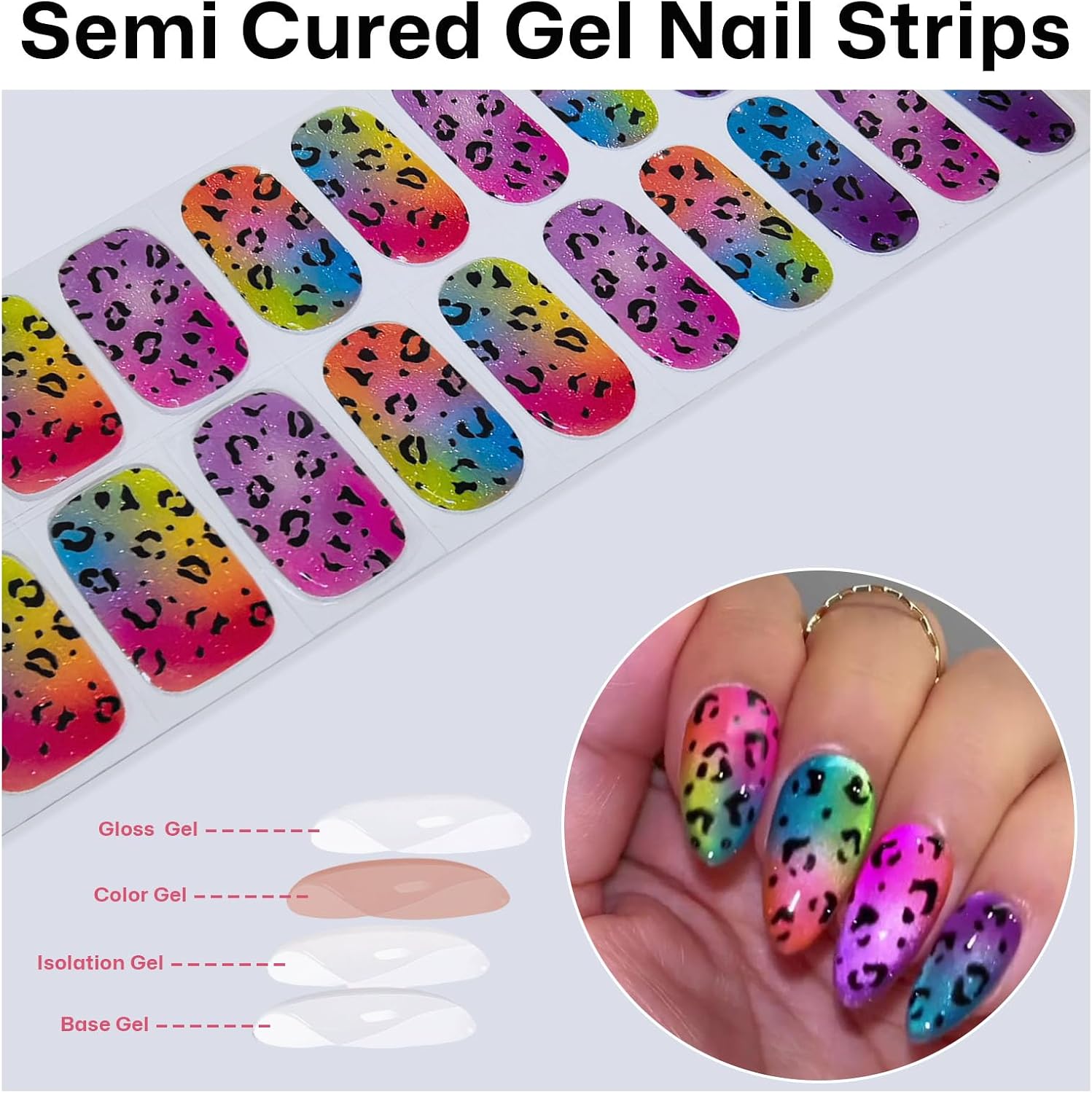 Semi Cured Gel Nail Strips 20 Pcs Gel Nail Stickers for Women Nail Art for Use with Any UV/LED Lamp Nails Wraps Easy to Apply & Remove - Gradient Rainbow Glitter Leopard