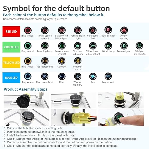 Miniatura 6 de FILN 2 interruptores de botón pulsador de 0.748 in (34 pulgadas) de 12 V 24 V CC de encendido y apagado con cabezal LED 1NO1NC con enchufe chapado