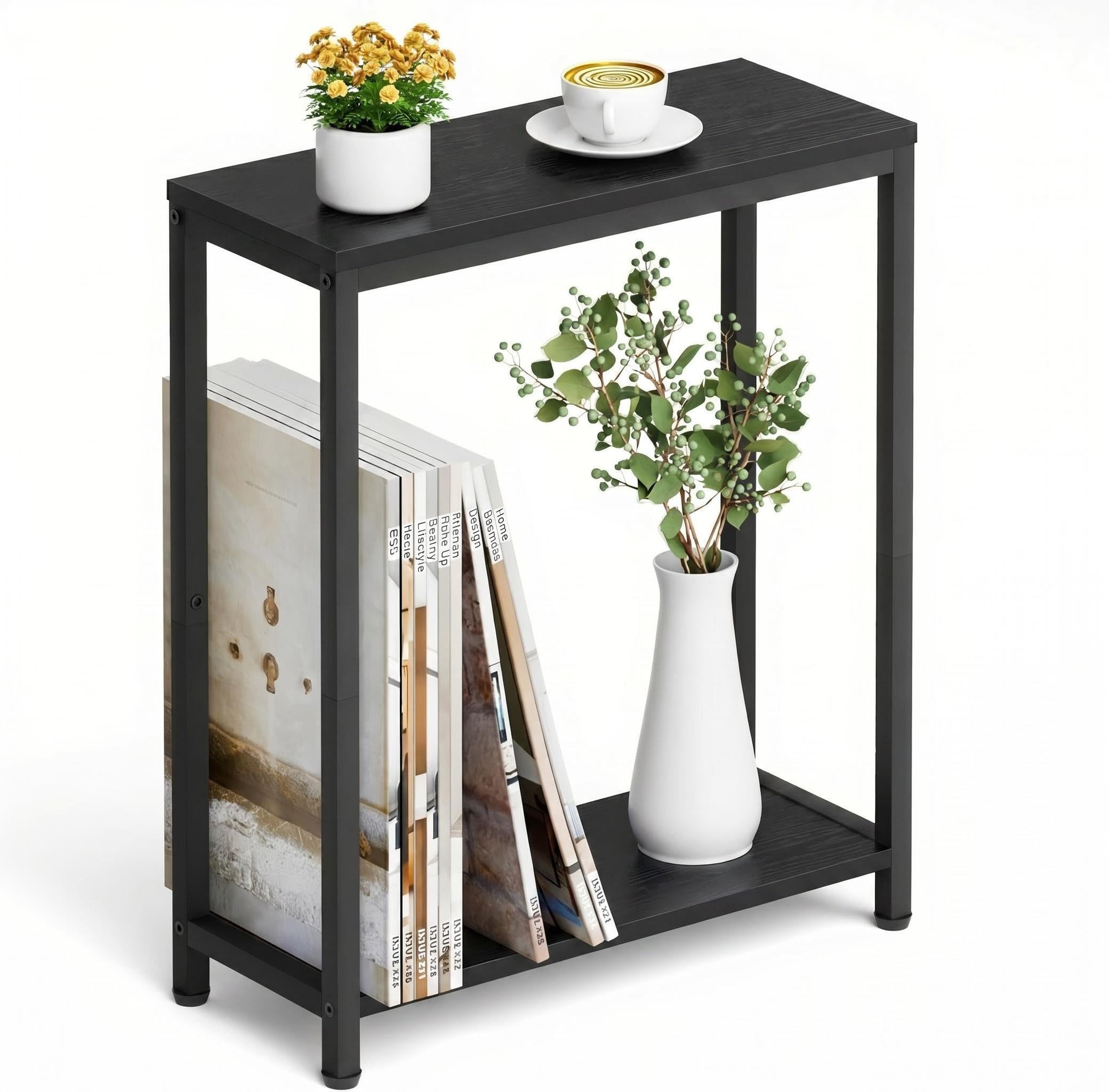 MISSLO Narrow Small Side Table for Living Room, 2 Tier End Table for Small Space, Slim Coffee Table for Sofa, Couch, Beside, Bedroom, Rustic Black