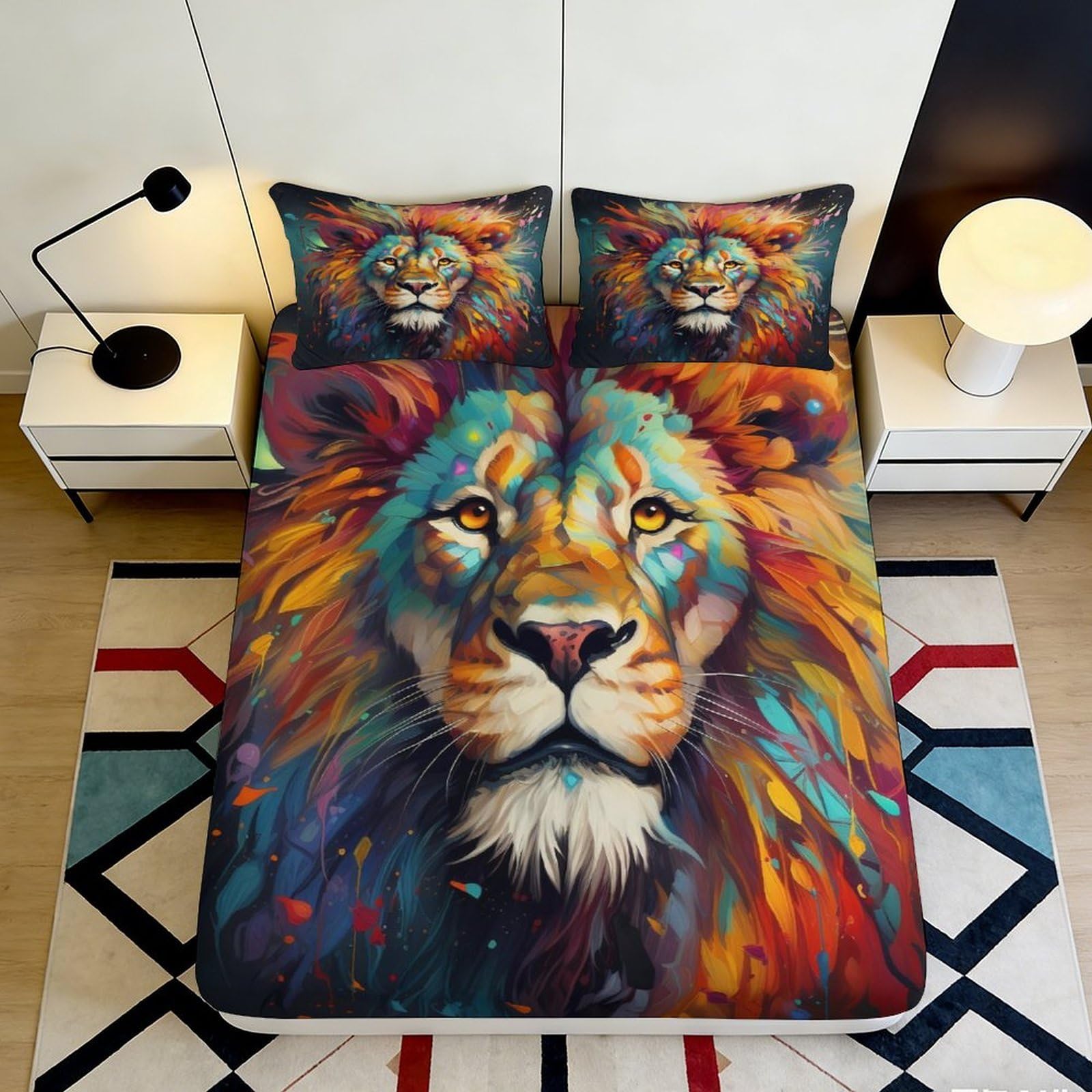 3D Printed Colorful Lion Fitted Sheet Microfiber Soft Breathable Vibrant Lion Mattress Cover for Bedroom Dormitory Guest Room Protection Decor 140x200x25cm