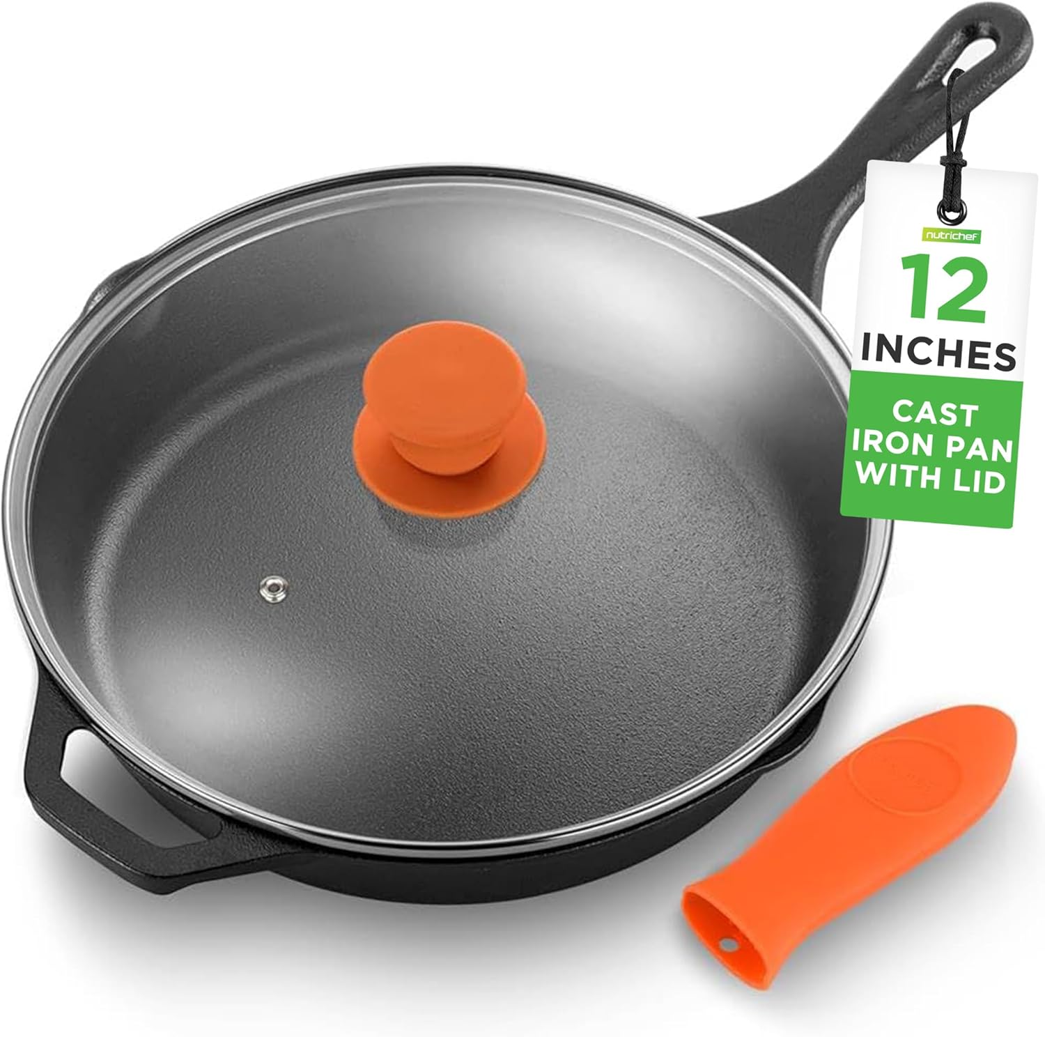 NutriChef 12-Inch Cast Iron Skillet w/Lid - Pre-Seasoned, Oven Safe, Nonstick, Cool-Touch Silicone Handle, For All Cooktops - NCCI12 - Thumbnail 4