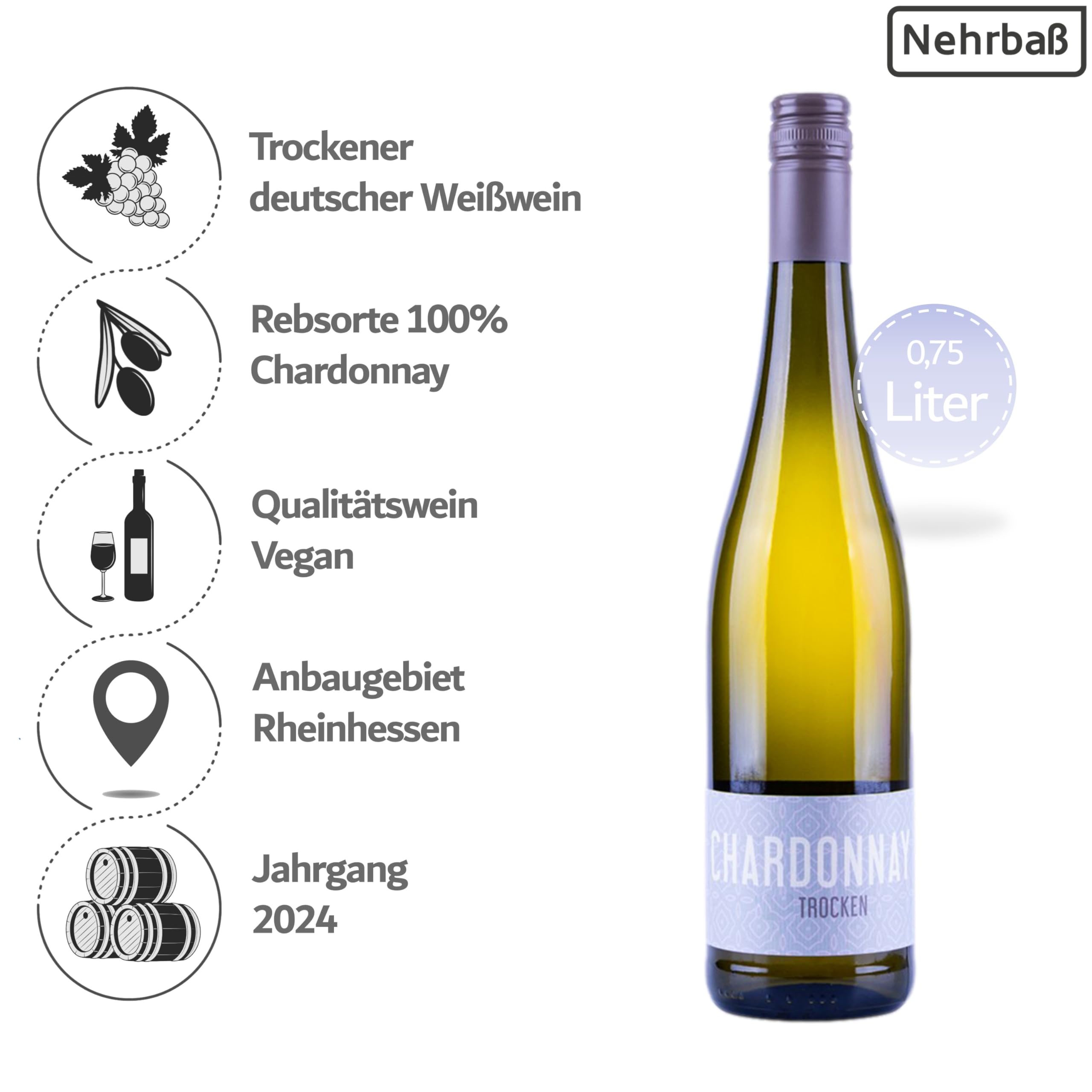 Nehrbaß - “Chardonnay 2024” - Weißwein trocken 6 x á 0,75 Liter - Qualitätswein - Vegan - Aus Deutschland (Rheinhessen) - mit Schraubverschluss