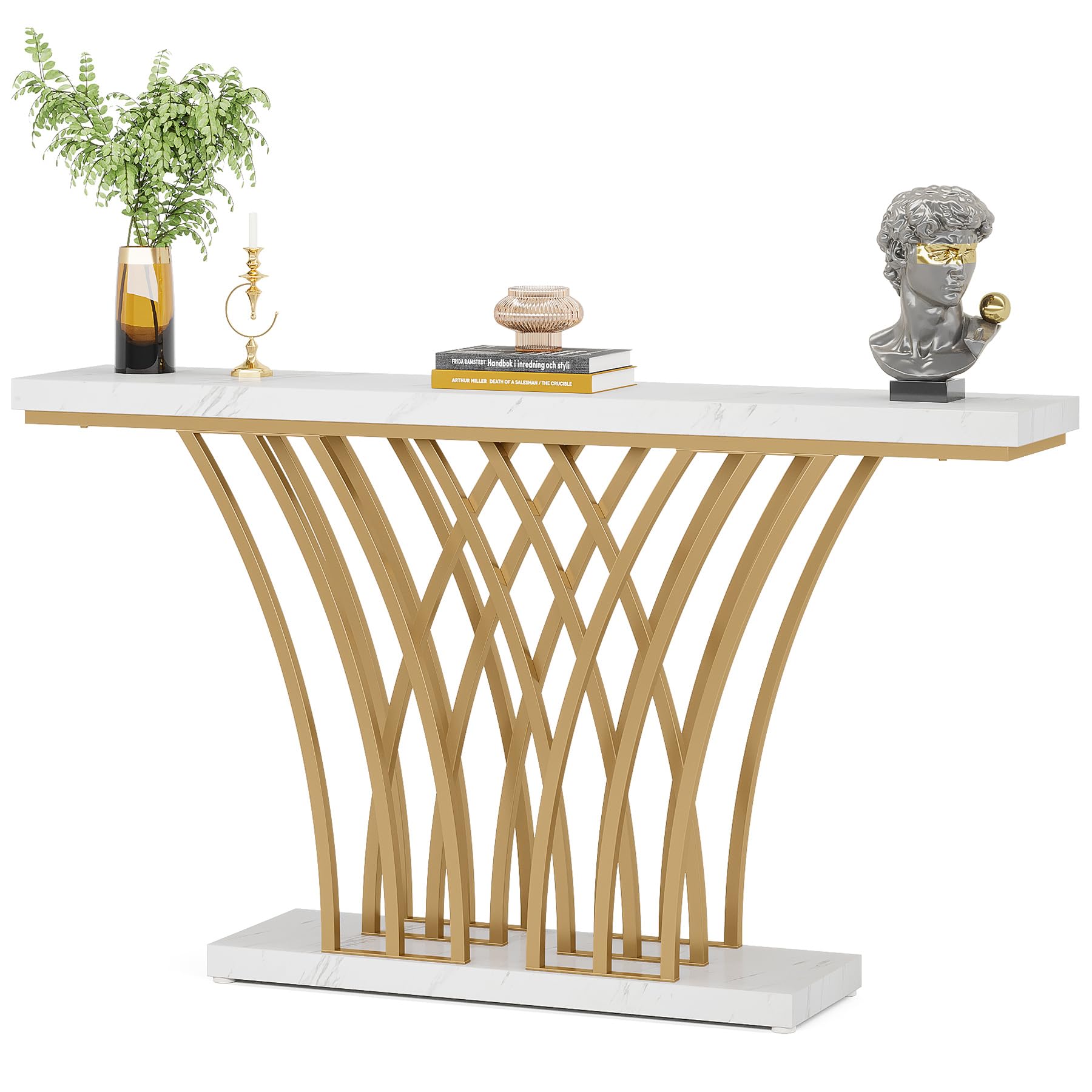 LITTLE TREE Narrow Entryway Console Table,Faux Marble White+Gold