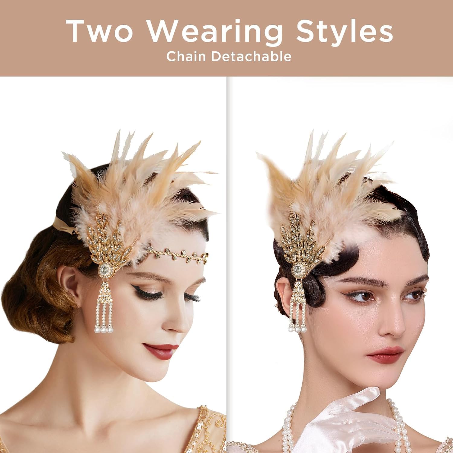 BABEYOND Art Deco 1920's Flapper Great Gatsby Inspired Leaf Medallion Pearl Headband Black Feather - Image 3