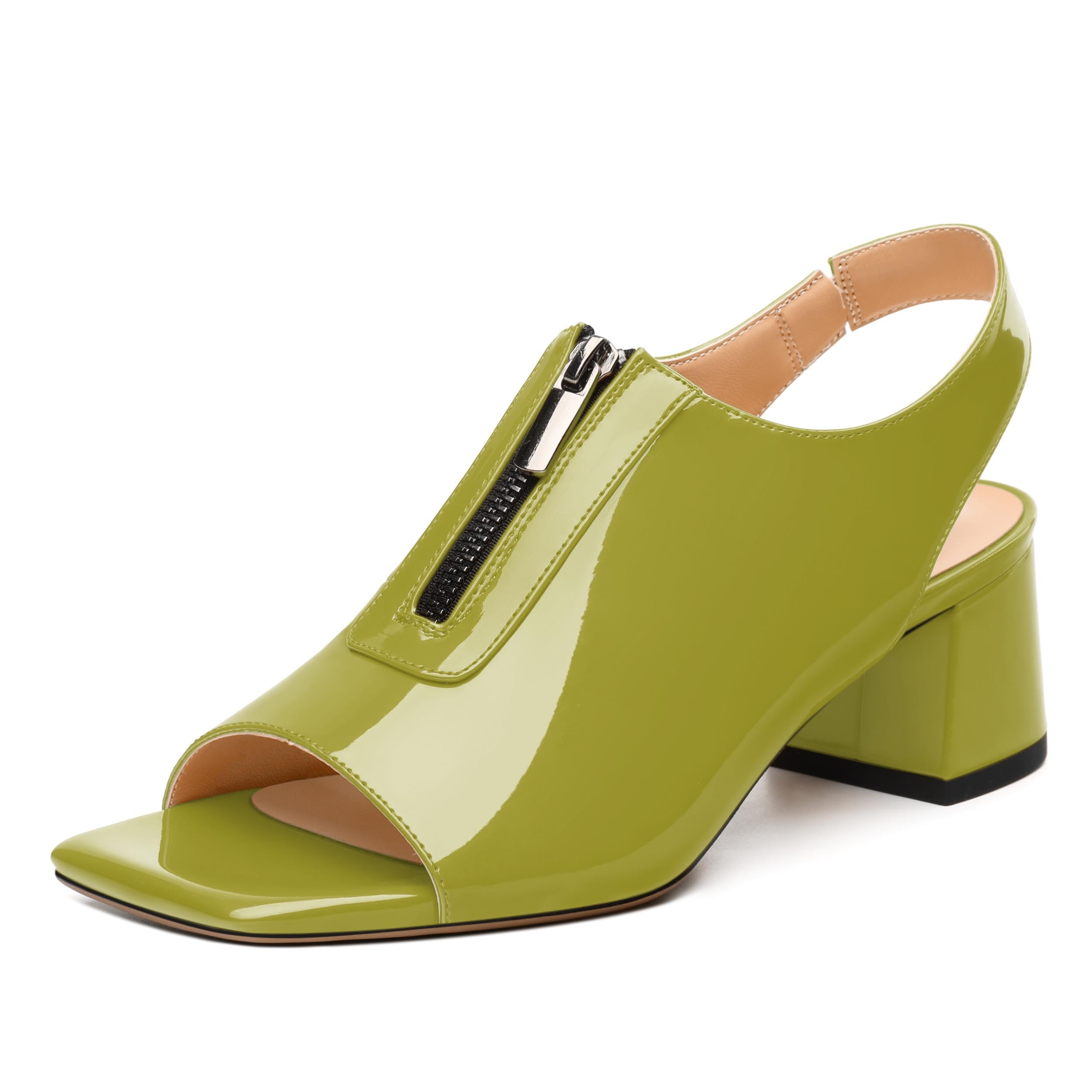 MISEZOXI Womens Pumps, Square Peep Toe Mid Block Heel Slingback Pumps for Women, Open Toe Backless Pumps with Front Zipper 2