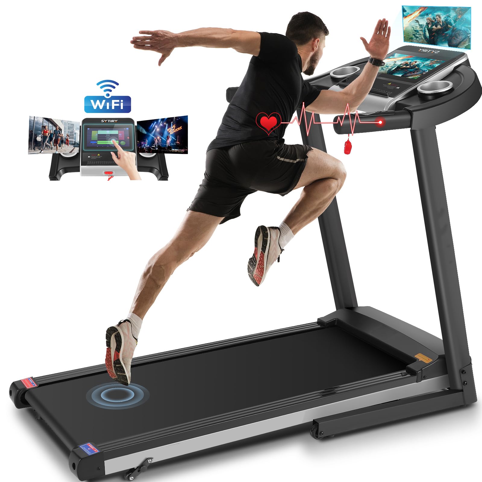 Incline Treadmills for Home with TV Screen and WiFi, 3.5HP Smart Walking Pad Treadmill with Incline, Heavy Duty Foldable Electric Running Machine with 10” Touchscreen, 3D Virtual Sports Scenes