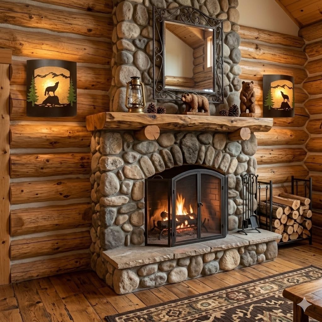 Rustic Wolf with Painted Pine Tree Wall Sconce Pair – Frosted Amber Glass & Burnished Bronze Metal Light | Lodge Cabin Decor | Woodland Nature Wall Light Fixture