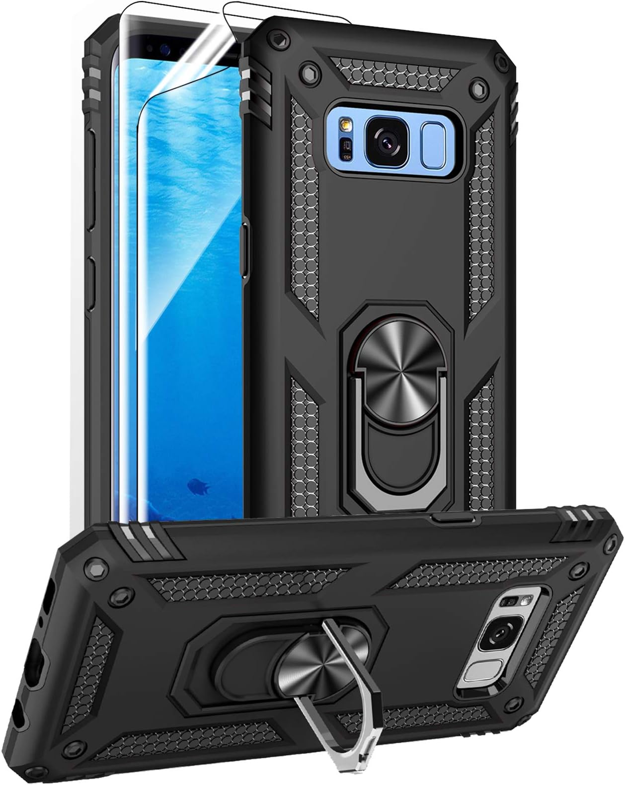 for Samsung Galaxy S8 Case with HD Screen Protectors (NOT fit S8 Plus), Military-Grade Metal Ring Holder Kickstand 15ft Drop Tested Shockproof Cover Case for Samsung Galaxy S8 (2017) Black