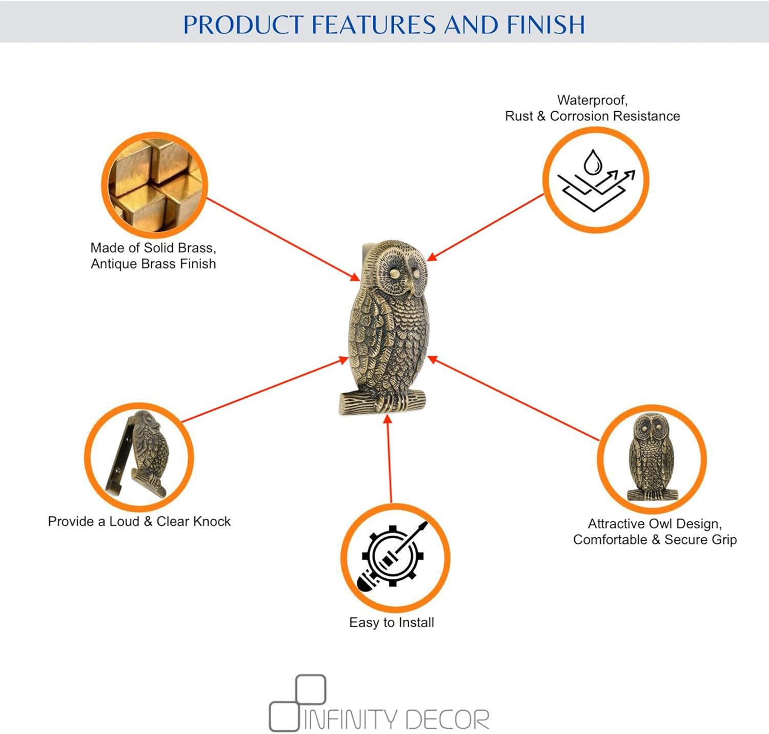 Infinity Decor Solid Brass Owl Shaped Door Knocker in Antique Brass Finish – Premium Quality Hand Door Knocker for Entrance Front Door Furniture