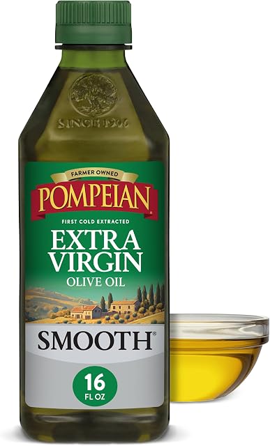 Pompeian Smooth Extra Virgin Olive Oil, First Cold Pressed, Mild and Delicate Flavor, Perfect for Sauteing and Stir-Frying, Naturally Gluten Free, Non-Allergenic, Non-GMO, 16 FL. OZ., Single Bottle