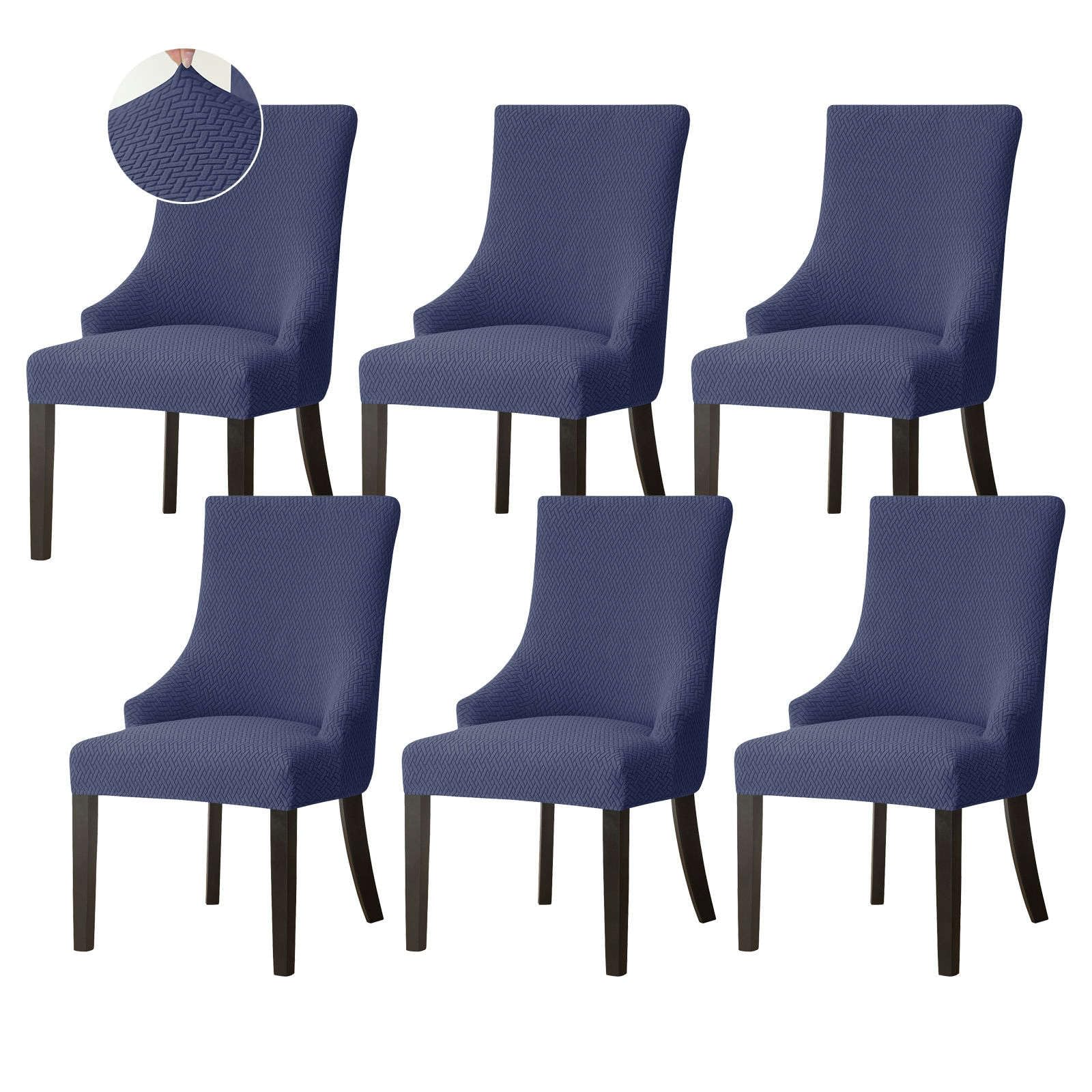 Jhld Navy Blue Stretch Wingback Side Chair Slipcover, Jacquard Armless Wingback Chair Cover Removable Washable Soft Spandex Sloping Armchair Covers With Elastic Bottom For Dining Room-6 Piece
