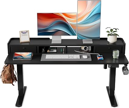 YIHAYO Low Height Adjustable Desk with Drawers, Lifts 18.1-28.3 Inches, Electric Standing Desk with Storage Shelf for Short People, 55 x 24 Inches Table with Splice Board for Home Office, Black