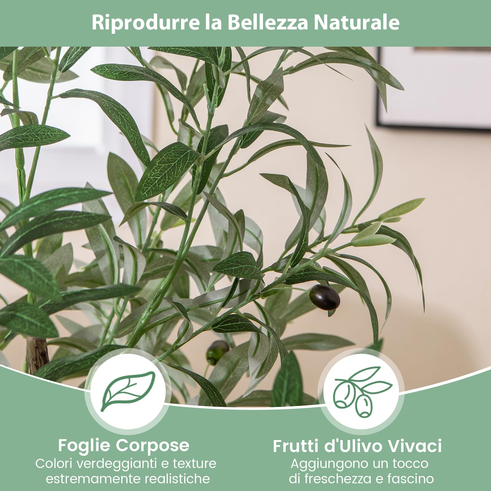 COSTWAY Pianta Finta di Oliva 130 cm, Pianta Olivo Artificiale in Vaso Decorazione per Casa e Ufficio, Pianta Finta in PE con Frutti Realistici da Interno ed Esterno (1)