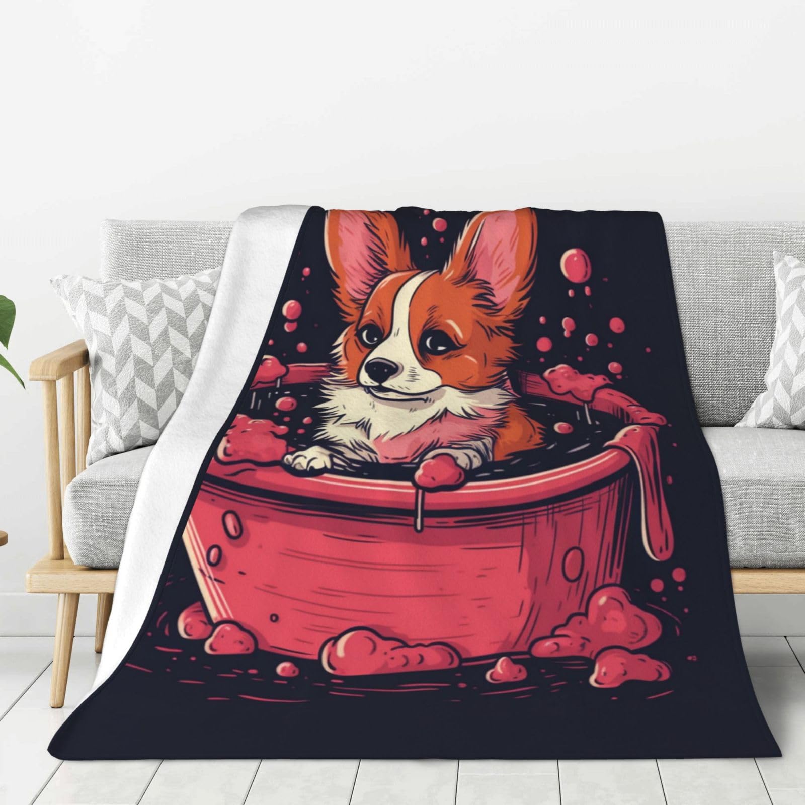 Couverture en flanelle rose corgi plaid chaud 203x152 cm pour canapé