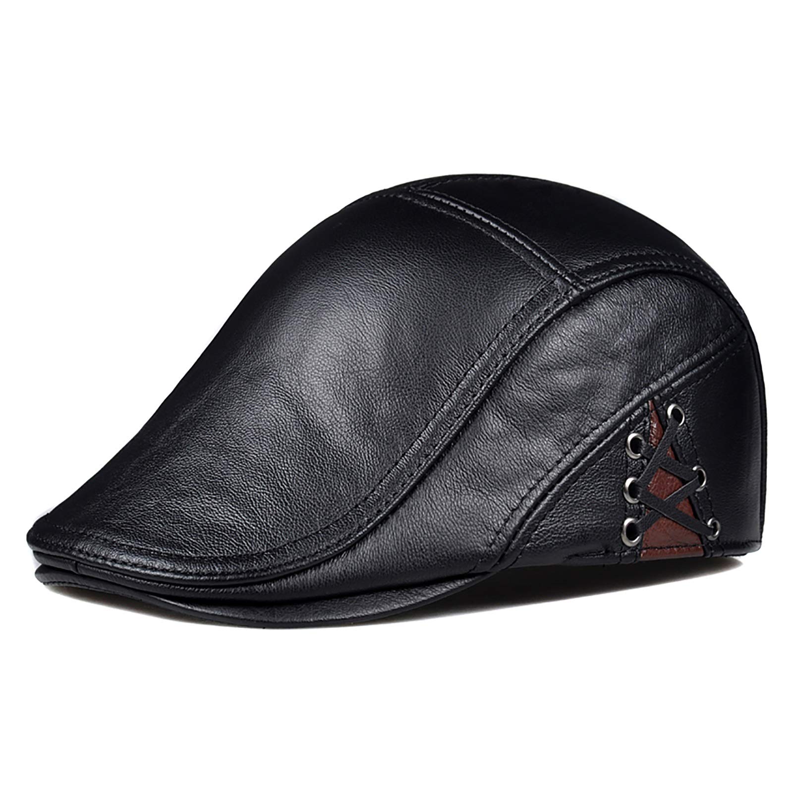 G&F Anziani Pelle Vera Berretto Pelle Bovina Cappello Piatto Tenere Caldo Inverno Moda 55-60 Cm (Color : Black, Size : L)