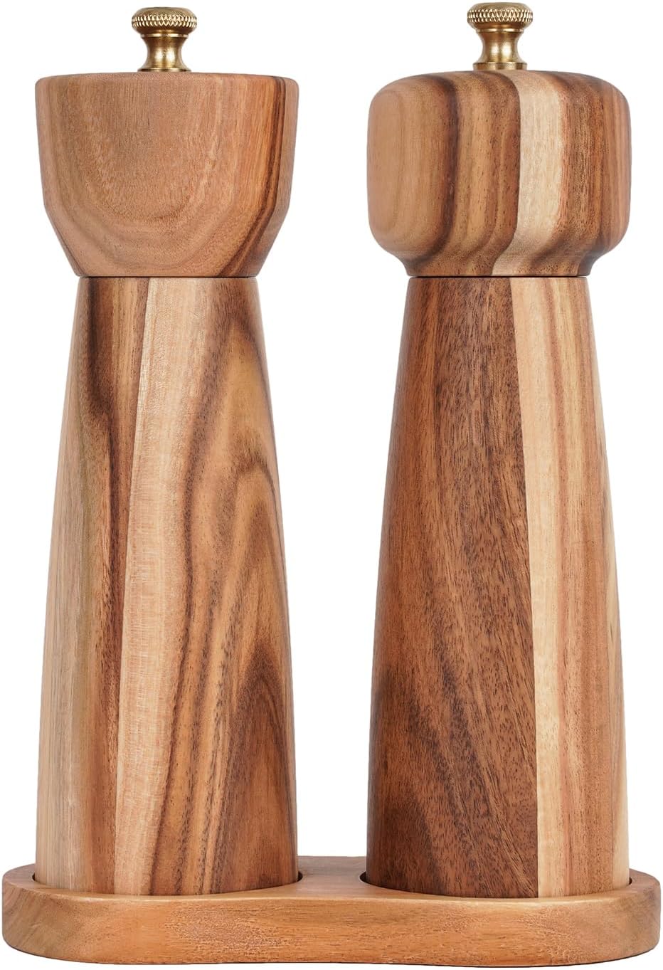 Salt and Pepper Mill Set with Tray, Adjustable Ceramic Grinder Salt Mill, Stainless Steel Grinder Pepper Mill, Acacia Wood, 20.5 cm/ 8 Inch Height, Bottom Dia 6 cm /2.36 inch