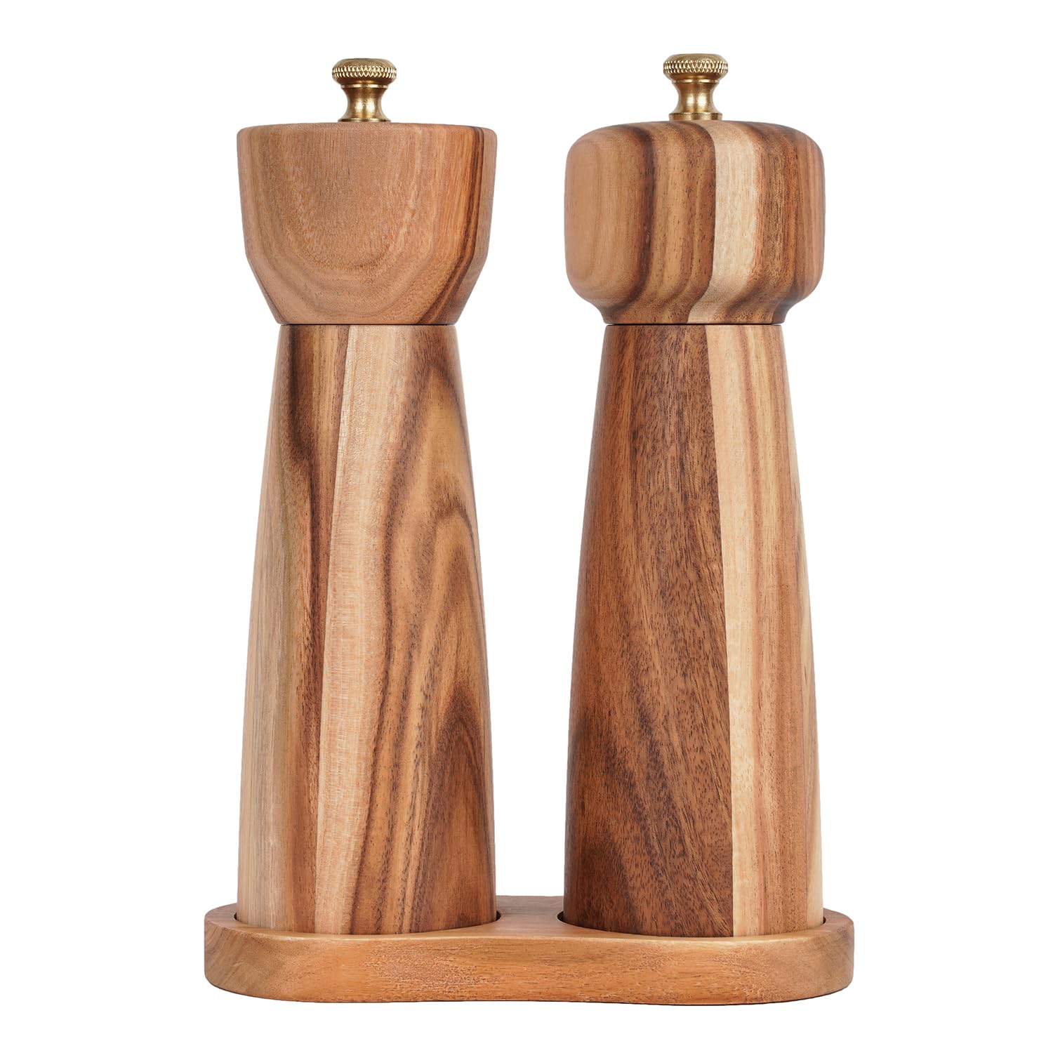 Photo 1 of DeroTeno Salt and Pepper Mill Set with Tray, Adjustable Ceramic Grinder Salt Mill, Stainless Steel Grinder Pepper Mill, Acacia Wood, 20.5 cm/ 8 Inch Height, Bottom Dia 6 cm /2.36 inch
