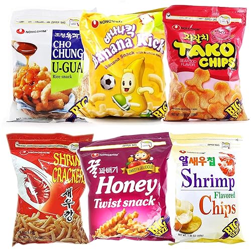 Nongshim Paquete de aperitivos surtidos de gran tamaño de 6 saboresaperitivo de arroz Cho Chung U-Gua, chips con sabor a camarones, patatas fritas