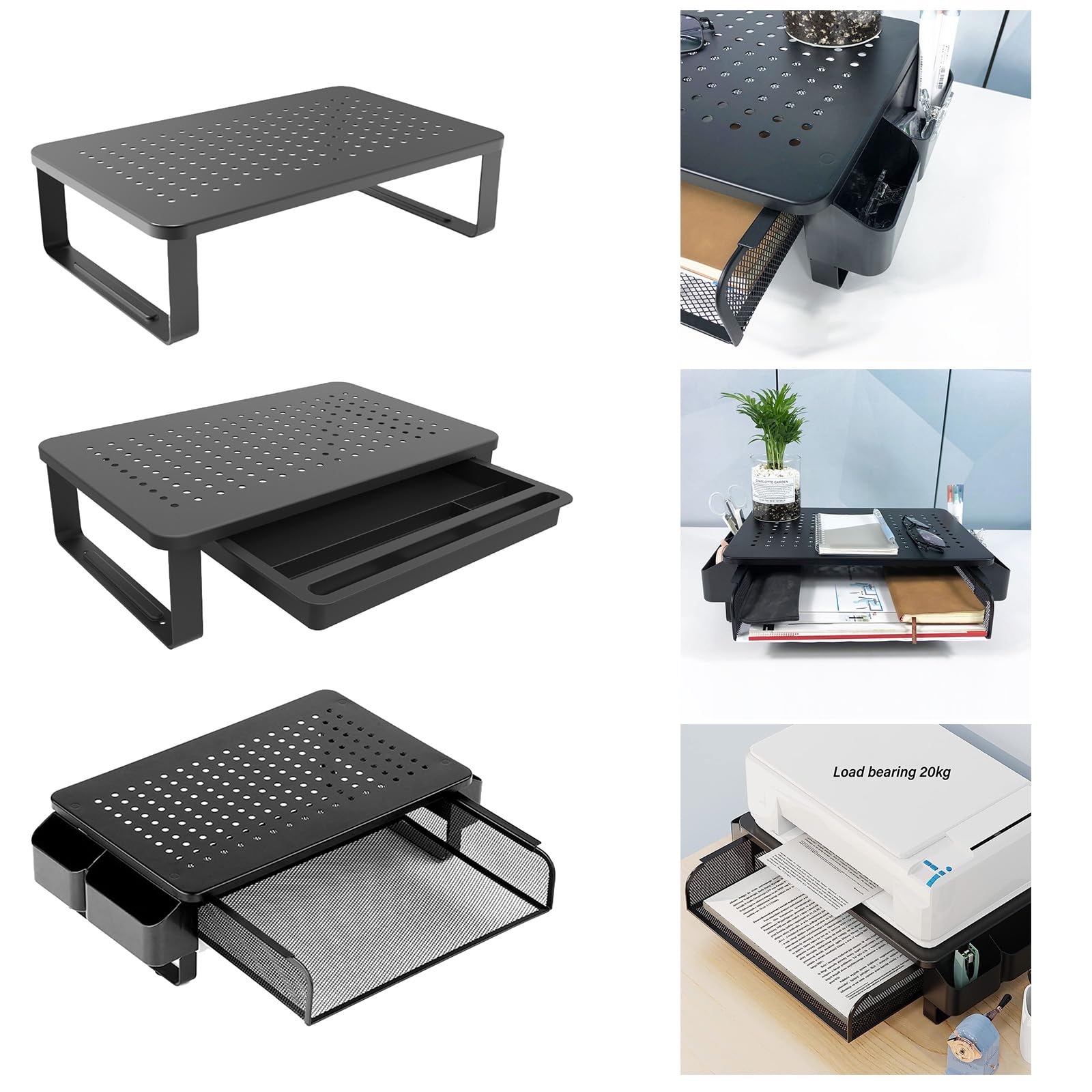 Supporto per schermo con cassetto di ventilazione, portapenne, supporto per laptop in metallo con organizer da scrivania laterale per stampante portatile