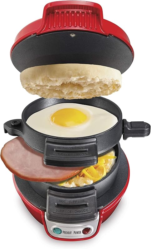 Breakfast Sandwich Maker with Egg Cooker Ring, Customize Ingredients, Perfect for English Muffins, Croissants, Mini Waffles, Perfect White Elephant Gifts, Red (25476)