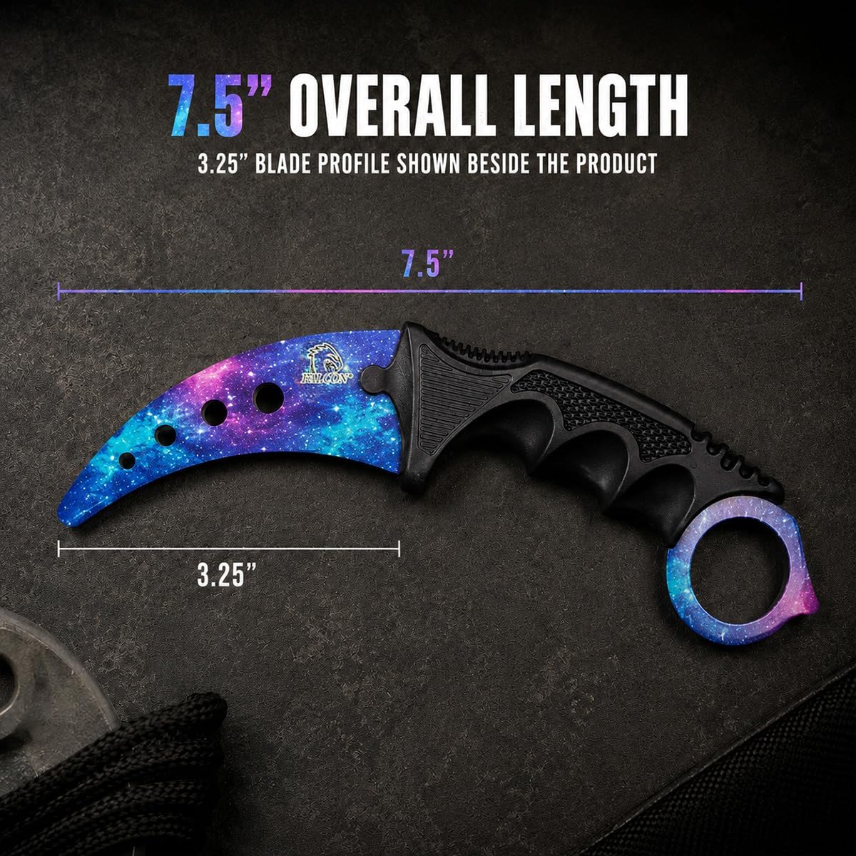 Falcon 7.5” Tactical Fixed Blade Training Knife – No Edge Trainer with 3 Finger Ring ABS Handle, Protective Sheath & Rope Lanyard for Practice, Training & Display (Blue Galaxy)