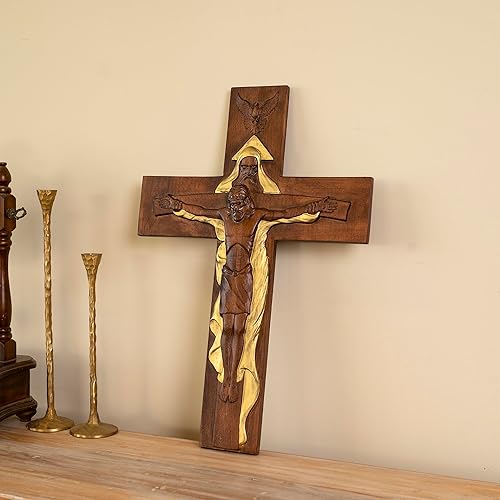 Miniatura 3 de BGCOPPER Crucifijo de pared de crucifijo de la Santísima Trinidad, cruz de Cristo Jesús para pared con gancho, cruz de madera hecha a mano para