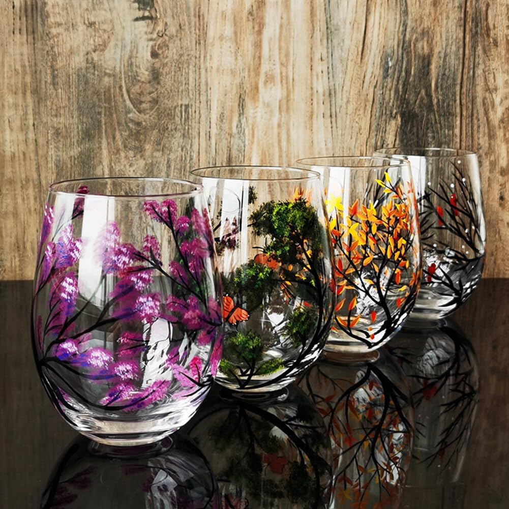 4PCS Hand Painted Wine Glass Four Seasons Tree Wine Glasses Fall Leaves Flower Seasons Colored Wine Glasses for Wine Cocktails Novelty Gift for Birthdays Weddings(Stem glass)