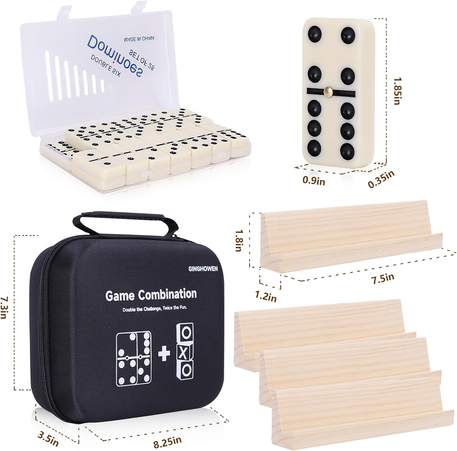 Domino Game Set, 28 Tiles Dominos with 4 Wooden Racks, Wood Classic Board Games, Portable Travel Game with Carrying Case