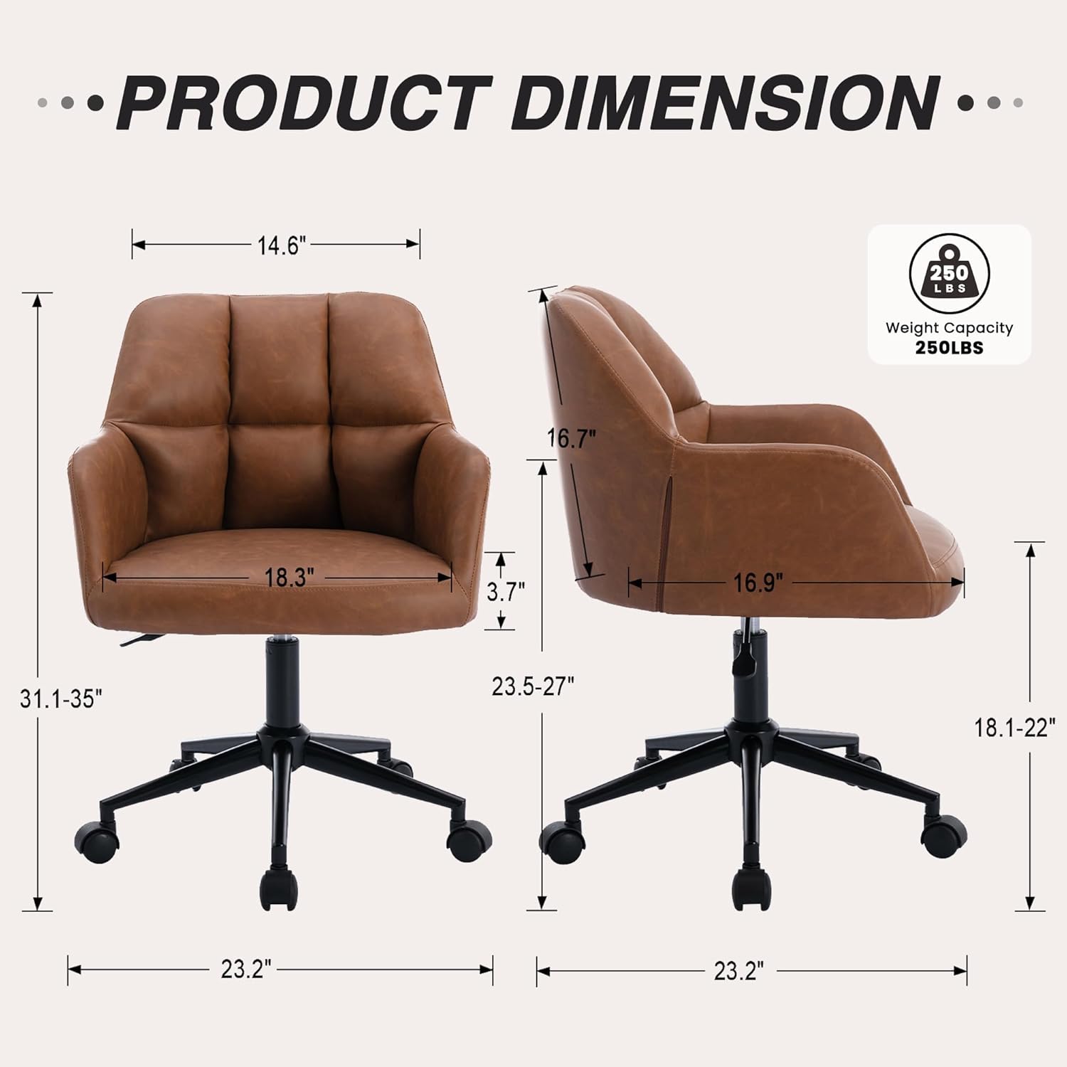 HNY Modern PU Leather Office Desk Chair, Height Adjustable Comfy Swivel Vanity Make up Chair with Wheels for Living Room Home Office Computer, Brown