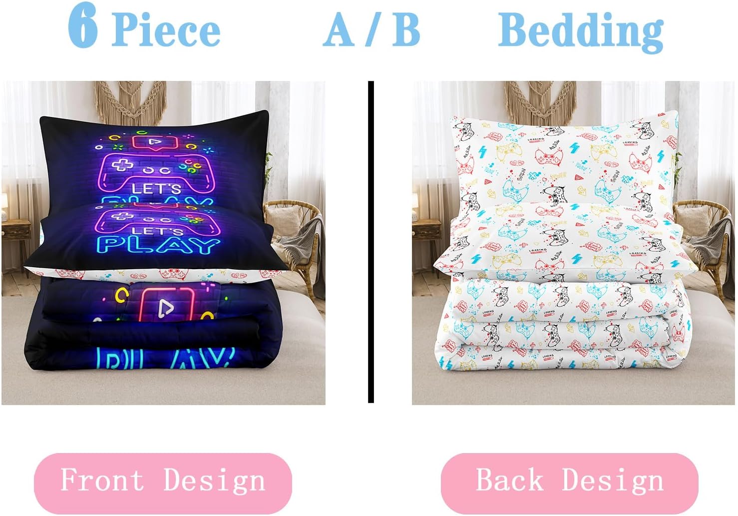 NINENINE Gaming Bedding Sets for Boys, 6PCS Queen Size Comforter Sets for Boys, Kids Gaming Bedding with 1 Comforter,1 Flat Sheet,1 Fitted Sheet,1 Cushion Cover, 2 Pillowcases