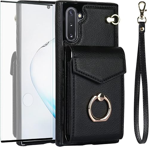 Asuwish Funda de teléfono para Samsung Galaxy Note 10 5G con protector de pantalla de vidrio templado y anillo de bloqueo RFID, tarjetero de cuero