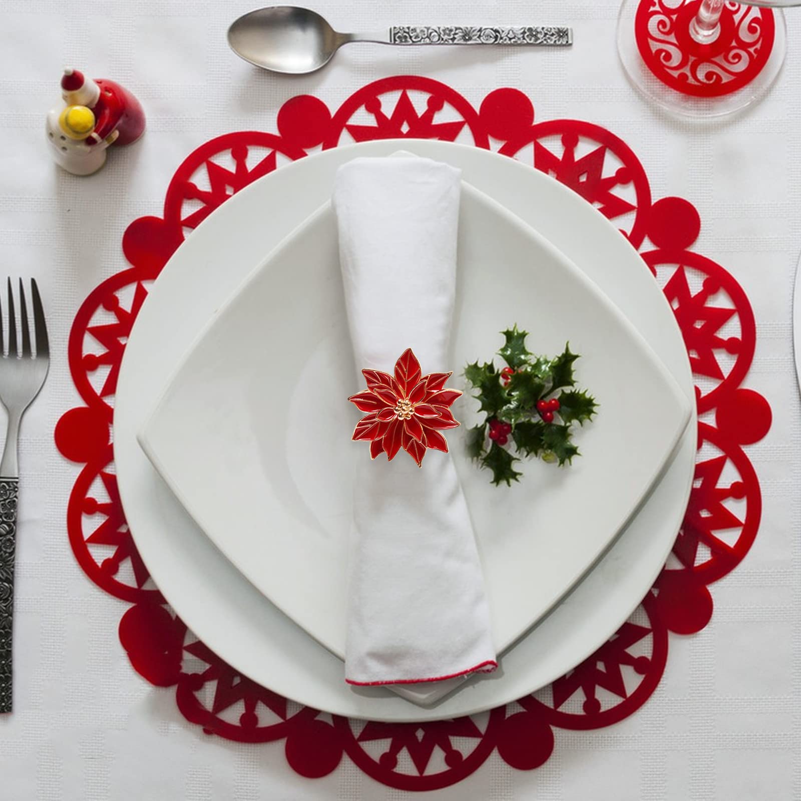 FQQWEE 6pcs Christmas Poinsettia Napkin Ring Red Christmas Napkin Ring Metal Napkin Holders Metal Serviette Buckle Xmas Napkin Holder Zinc Alloy Napkin Rings for Christmas Party Table Decoration(#1)