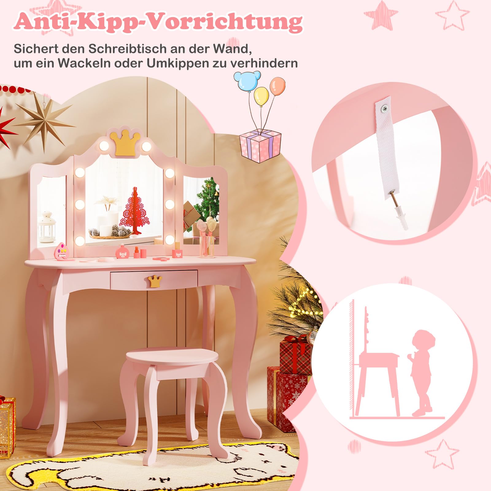 DREAMADE Schminktisch Kinder mit Hocker & Schublade, Prinzessin Frisiertisch Kosmetiktisch mit abnehmbarem Spiegel & Kippsicherung, Kinderschminktisch für Mädchen aus Holz (Rosa-mit Beleuchtung)