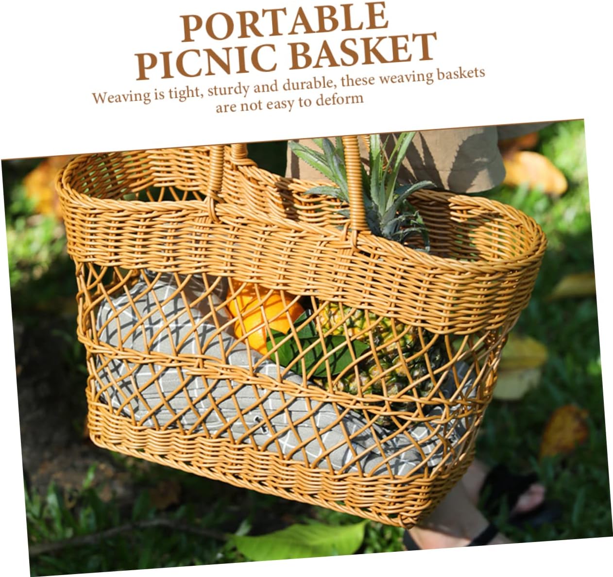 SOLUSTRE Portable Picnic Basket Imitation Rattan Woven Storage Basket for Camping Household Use Lightweight Rustic Style Food Carrier for Outdoor Activities