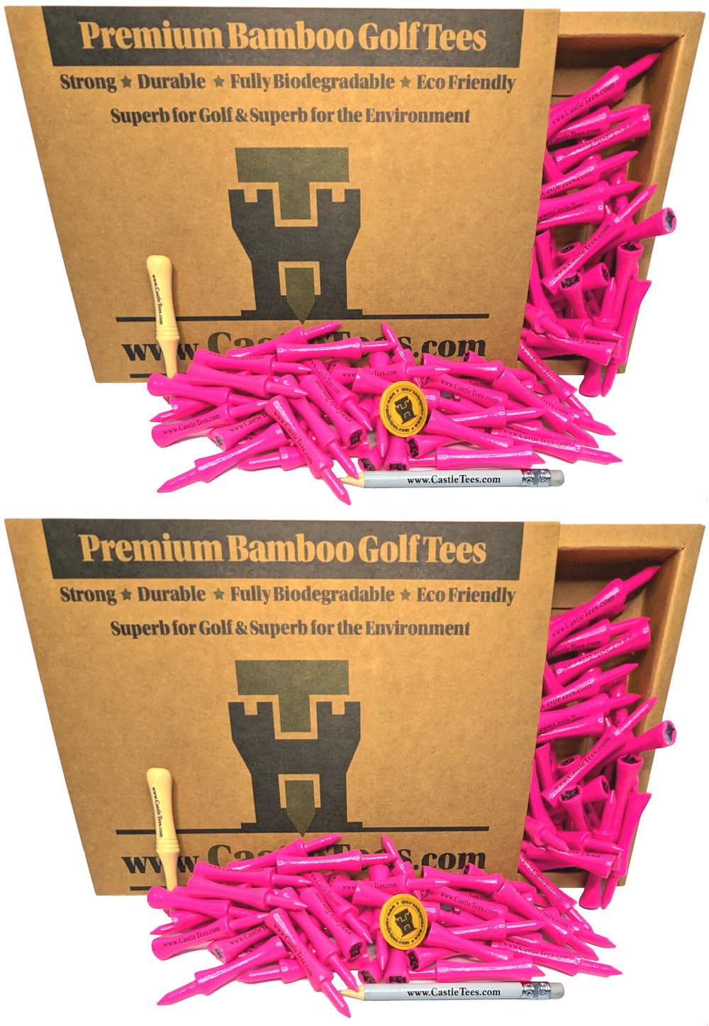 Castle Tees Official Pink 2 Pack, 100 pcs x 60mm 2 1⁄3 inch Premium Bamboo Golf Tees Free Pitch Repair Tool