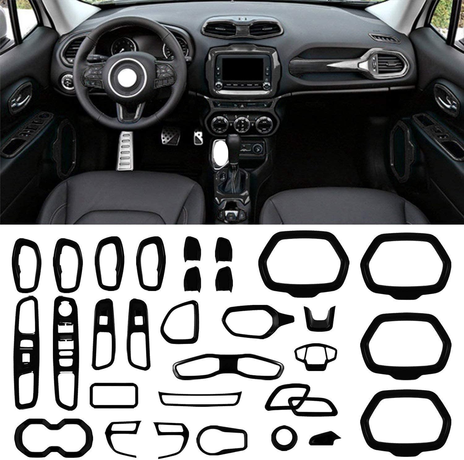 31pcs/Set ABS Full Interior Center Console Dashboard Cover Decoration Kit Trim Sticker Compatible with Jeep Renegade 2015-2020 (Black)