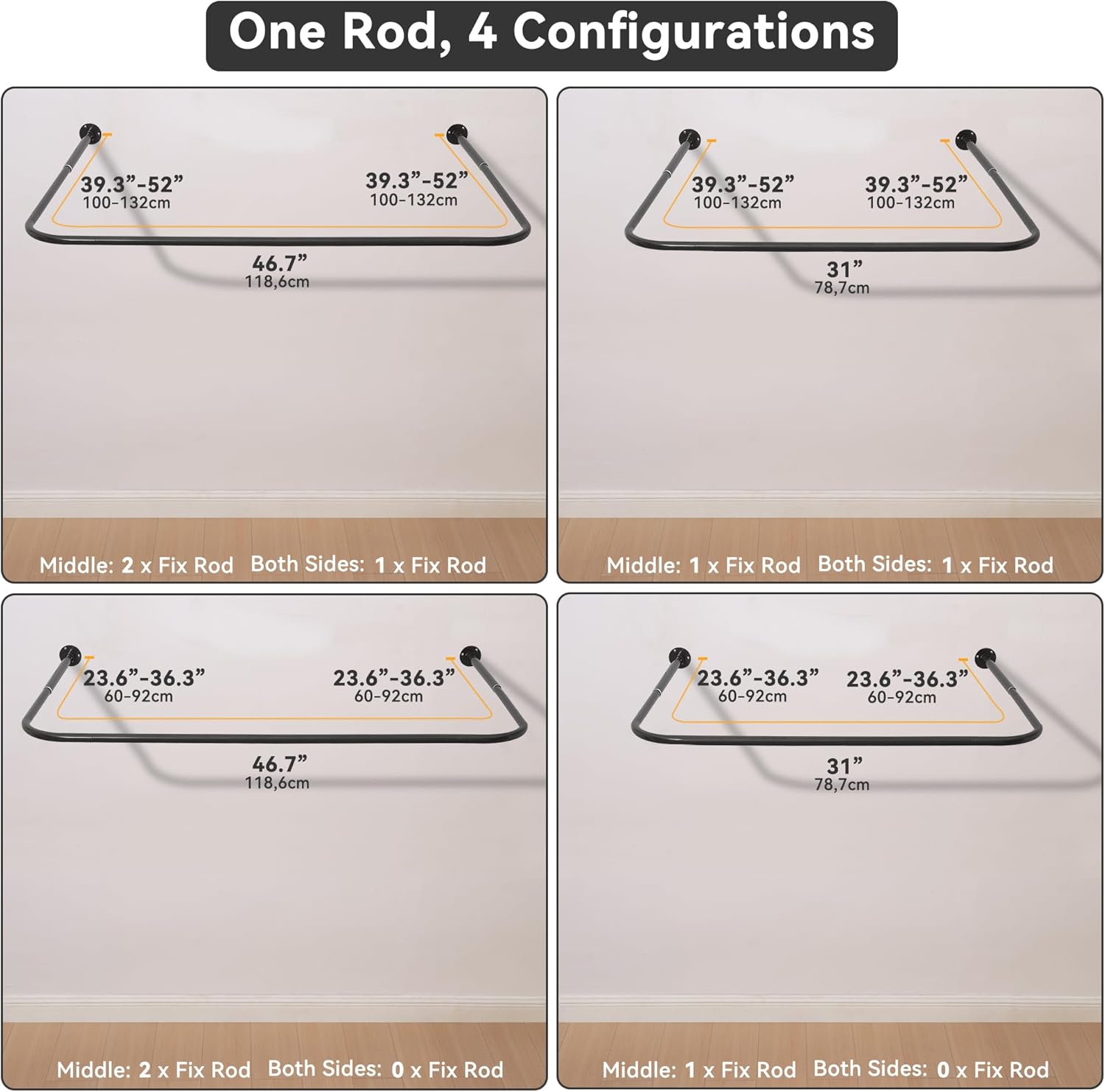 U Shaped Shower Curtain Rod, [Both Sides: 24"-52", Middle: 31"-47"] Adjustable U Shape Outdoor Corner Curtain Pole for Bathroom Bathtub with 12 Hooks & Ceiling Support - Matte Black