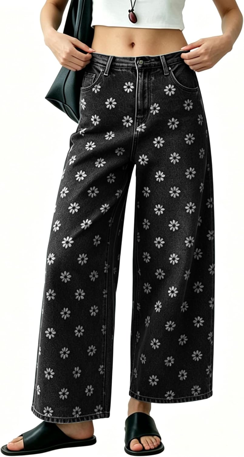 chouyatou Women's Y2k Floral Printed Wide Leg Jeans Boho Distressed Cropped Jeans High Waisted Baggy Denim Pants