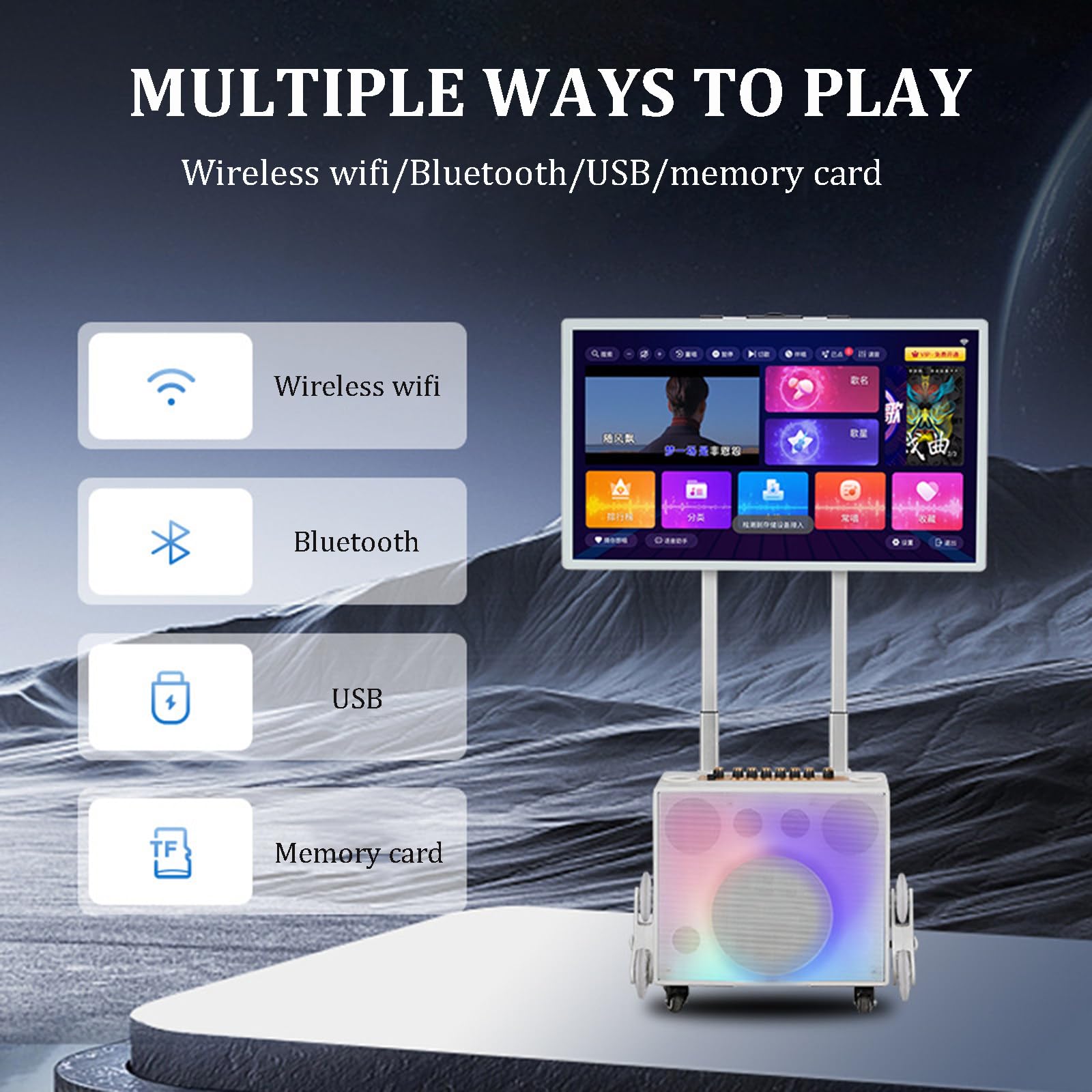 Karaoke Machine with 32" Touch Tablet, Portable Bluetooth Karaoke PA Speaker System, AI Voice Song Request, 2 Wireless Microphones, Foldable Color LED Speaker for Outdoor, Camping, Party,White