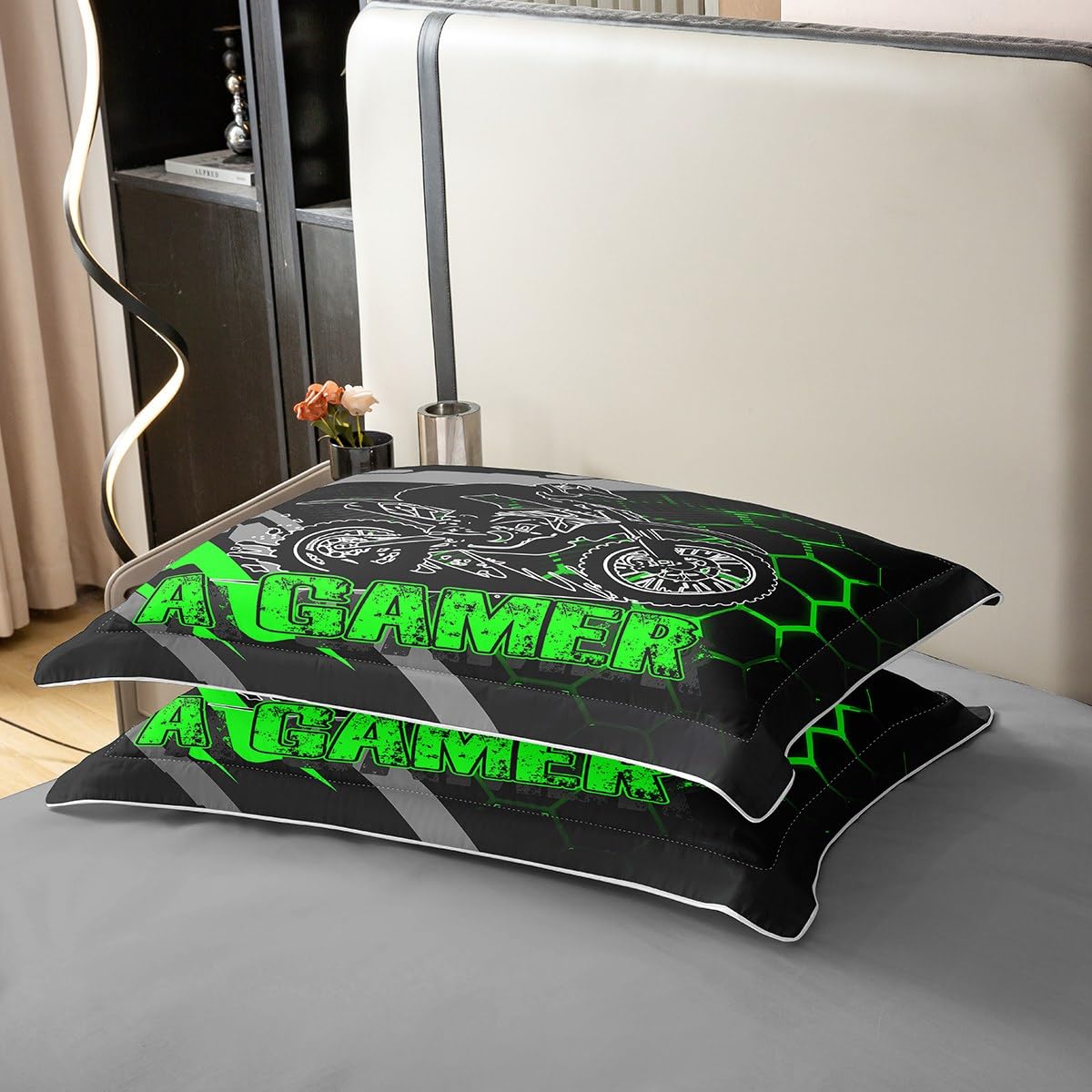Set di biancheria da letto per ragazzi e ragazzi, 100% cotone naturale, con linee verdi e grigie, neon a nido d'ape, per bambini, ragazzi, adolescenti, adulti, con moto da cross, sport estremi, con 2