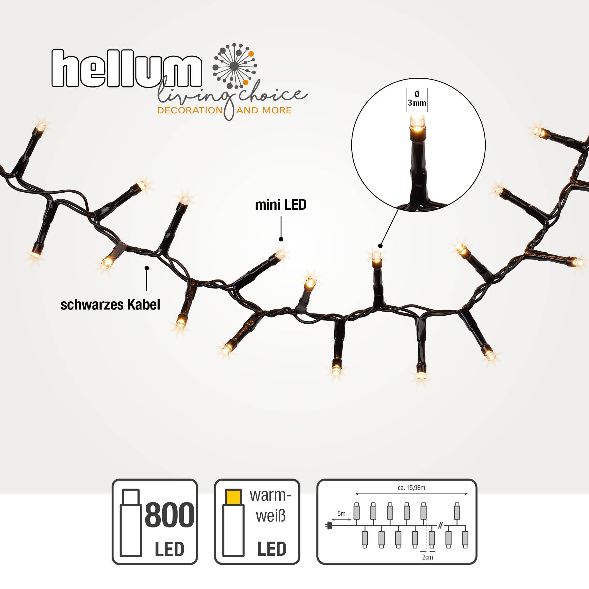 hellum Lichterkette Außen LED mit Stecker, 800 Mini-LED warmweiß, 15,98 m beleuchtet, schwarzes Kabel, für Weihnachtsbaum, Balkon & Terrasse, Gartenbeleuchtung, <59lm, 151893