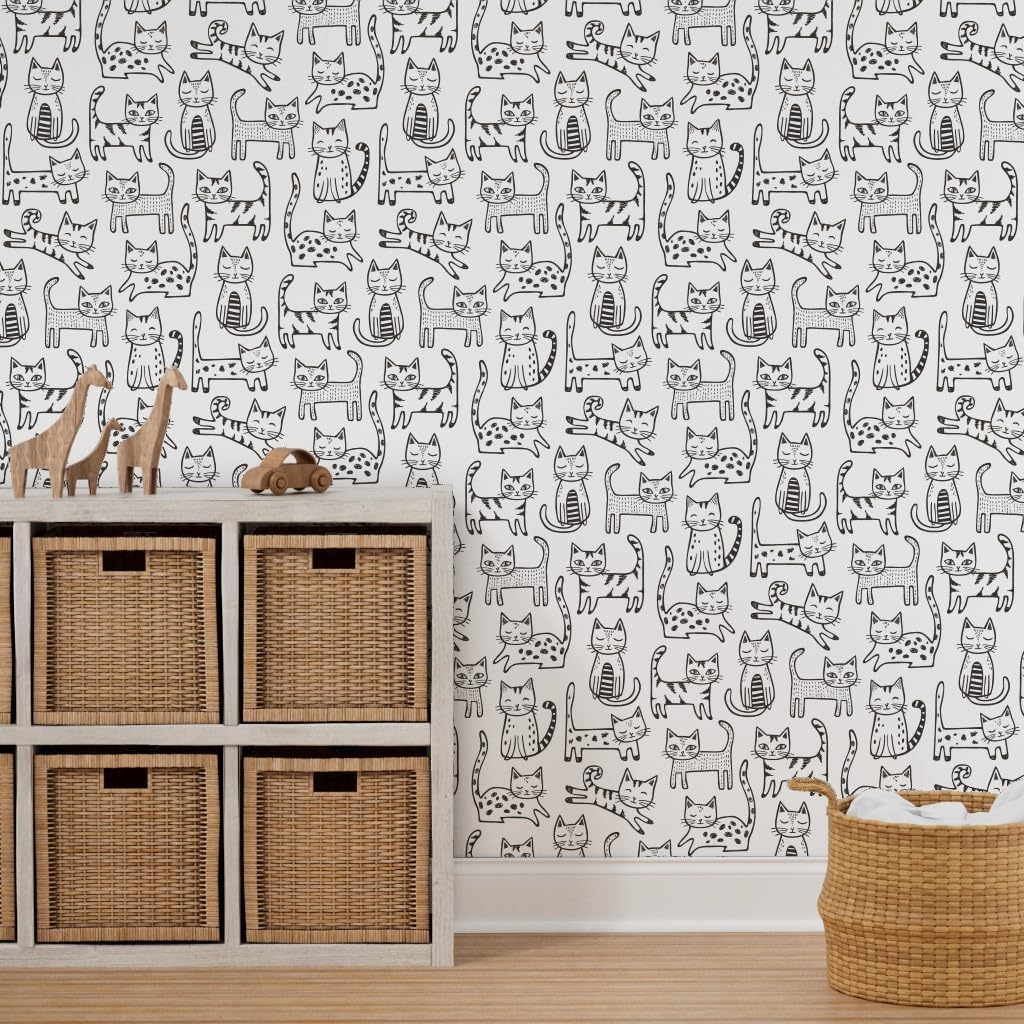 Peel & Stick Wallpaper 3ft x 2ft - Cats Stripes Kitten Geometric Cute Animals Black White Cat Kitty Custom Removable Wallpaper by Spoonflower