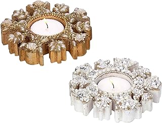 Handmade Candle Tea Light Holder, Beaded Snowdrift Wooden Candle Holder, Home Décor, Gift Idea, Set of 2 - White and Gold