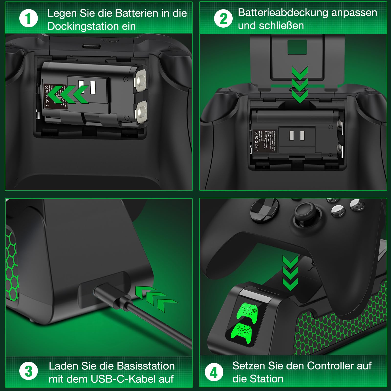 Batterie Rechargeable Xbox avec Station de Charge pour X/S/One/Elite - 4 Couvercles de Batterie (Sans Contrôleur)
