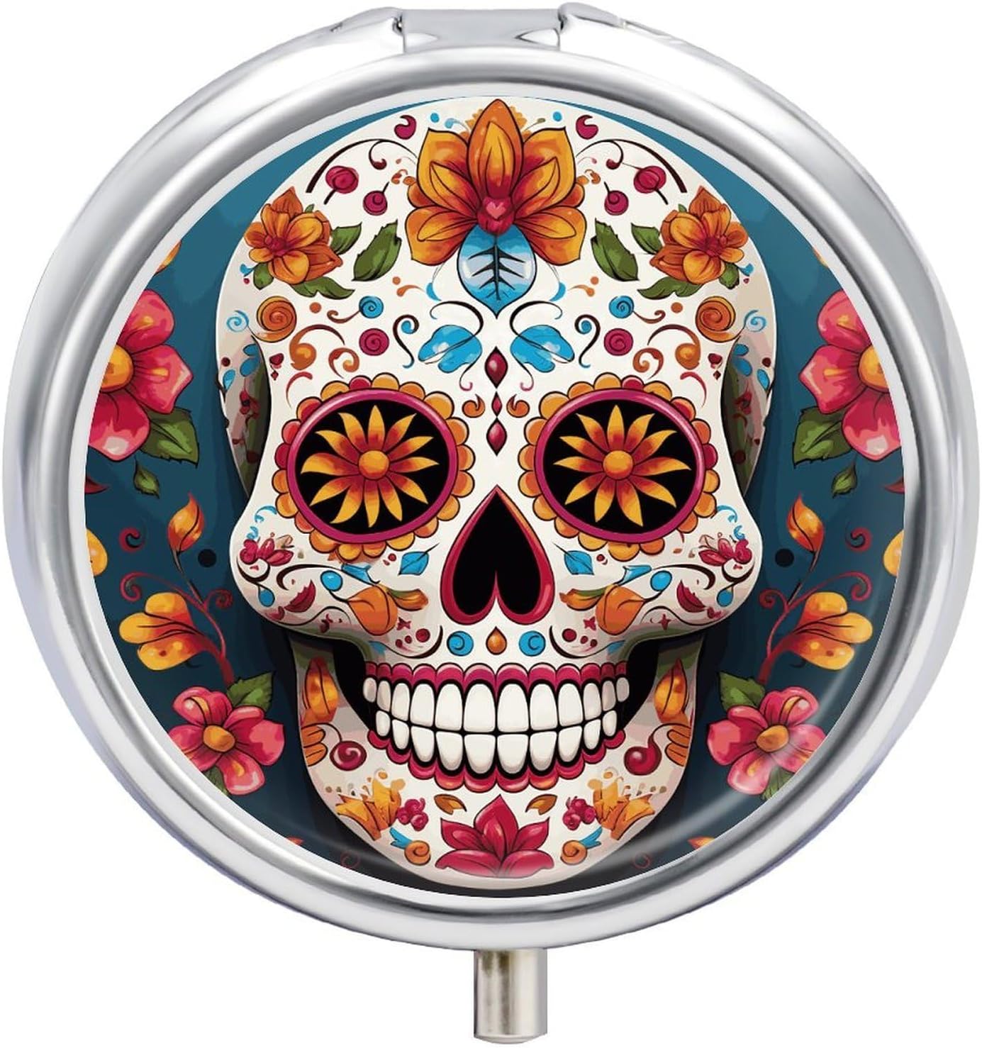 Sugar Skull Round Pill Box with 3 Compartments & Mirror