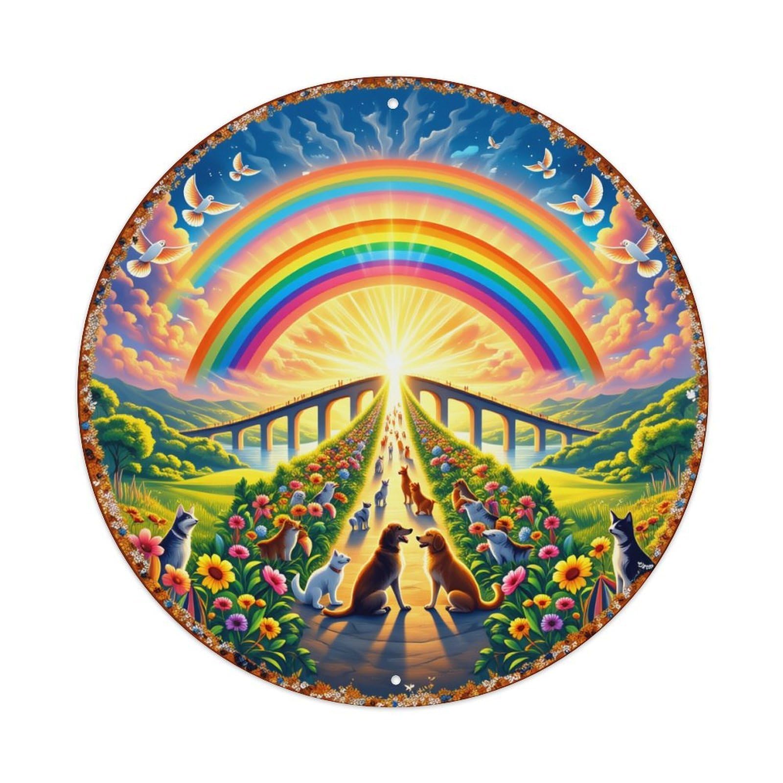 Rainbow Bridge Animals Flowers Sky Round Metal Tin Sign Vintage Wall Decor, Bar Garage Cafe Kitchen Home Wall Art Poster 8x8inches
